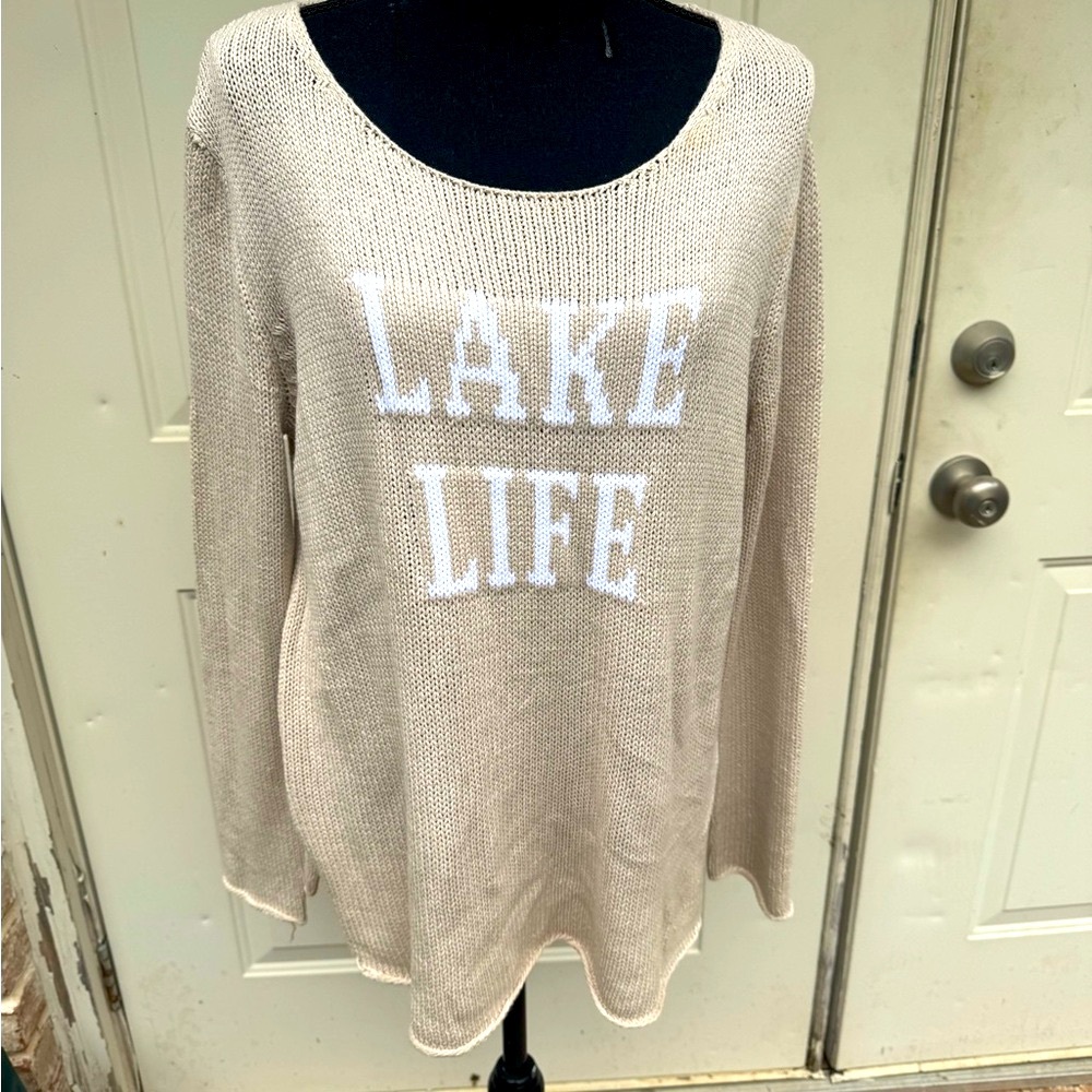 Miracle, “Lake Life”, Beige with White lettering, Lightweight, Knit Sweater